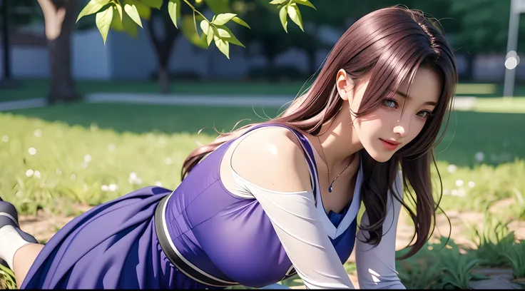 purple bow hair accessory，Purple hair JK suit，young korean girl，large green eyes，Freshman students，The skin is delicate and delicate，Kneel gracefully，Charming long legs，Face forward，Plump and tender muscle lines，A shallow smile，cheeks slightly red，Comb lon...