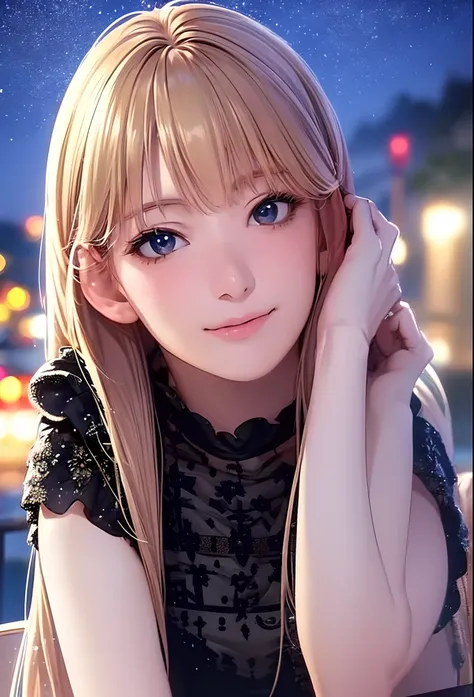 (8K, Best Quality, masutepiece:1.2), (Realistic, Photorealsitic:1.37), Ultra-detailed, 1 girl,Cute, Solo,Midnight,Beautiful detailed sky,Detailed Cafe,Sitting,Dating,(nose blush),(Smile:1.15),(Closed mouth) Small breasts,Beautiful detailed eyes,Floating Ha...