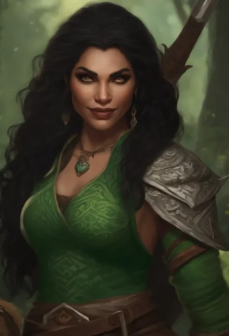 Half-orc female green, inspired by dungeons and dragons, em roupas de monge, tattoos on arms, sorriso intimidador, com Cauda de gato, cabelo verde claro e grande, Estilo de arte de Manhwas