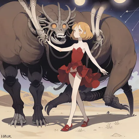 (superflat, flat shading, flat colors:1.1), 1girl, teen, red dress, red panties, walk in a desert, closeup, anime, long legged creatures, salvador dali, hr giger, starry skies, dark, tribal,