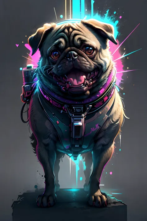 A vector t-shirt logo design of  happy pug dog, full color , graffiti , 4k, cyberpunk, graffiti, vibrant, 3d rende, minimalist, wearing a astronaut suit, space, stars,