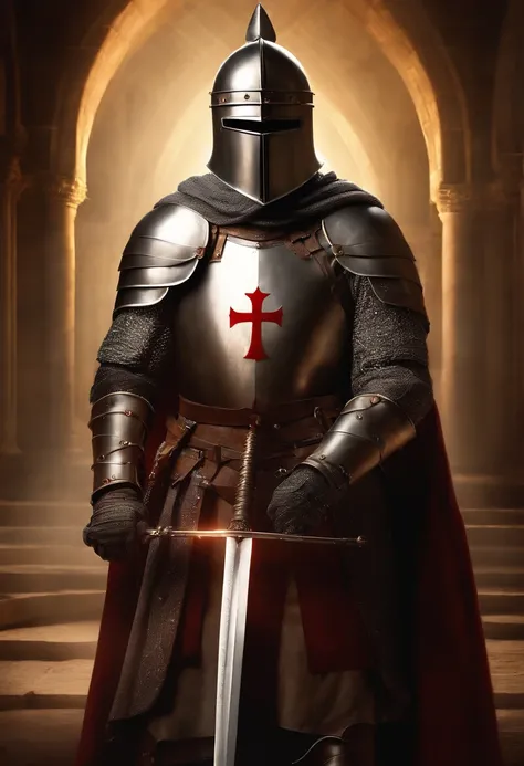 Knight Templar in full armor, with sword in hand, cores muito brilhantes, light particles, com luz brilhante, Mshiff, Arte do papel de parede, Papel de parede UHD, de joelhos, orando