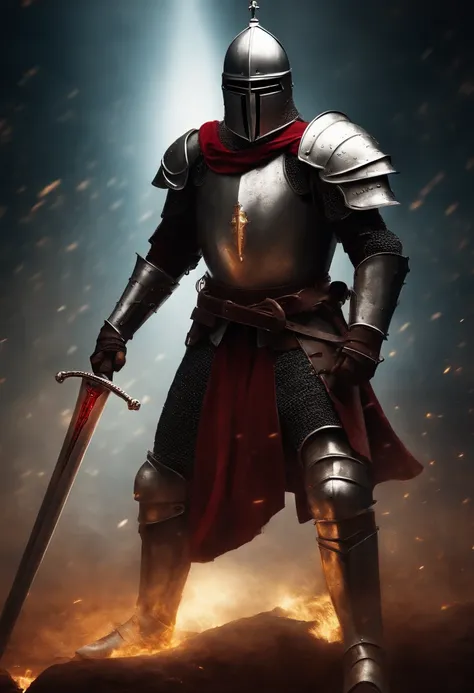 Knight Templar in full armor, with sword in hand, cores muito brilhantes, light particles, com luz brilhante, Mshiff, Arte do papel de parede, Papel de parede UHD, de joelhos, orando