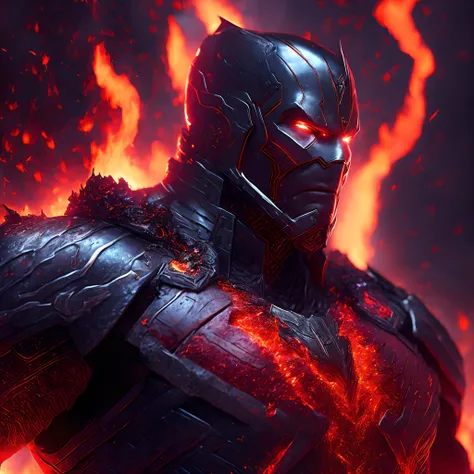 Close-up ( Lava man from Marvel in Goth style: 1.3) emerging from the Hot lava world, extremely detailed, ice storm, sparks, metal shavings, flying debris, volumetric light