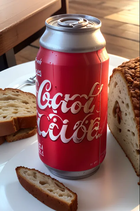 A can of coca cola over the white table an a brown bread on the side