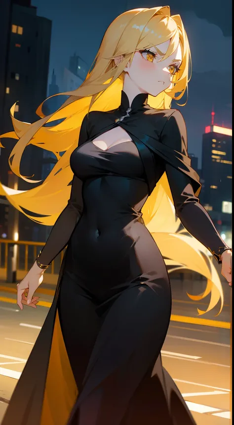 1woman,serious face,elegant dress,medium tits,blonde hair,long hair,yellow eyes,road of city,night,walking