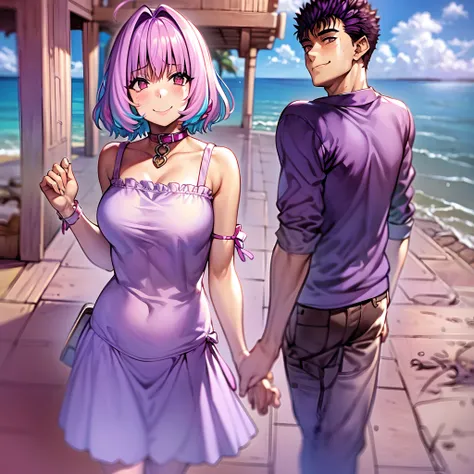 masterpiece, best quality, 1girl, riamu, blue shirt, pleated skirt, solo, simple background, riamu and guts, husband and wife, couple happy in a beach, , purple hair,1boy, in couple, affection, love,relationship, lovey dovey, happy, , smile, walking, in a ...