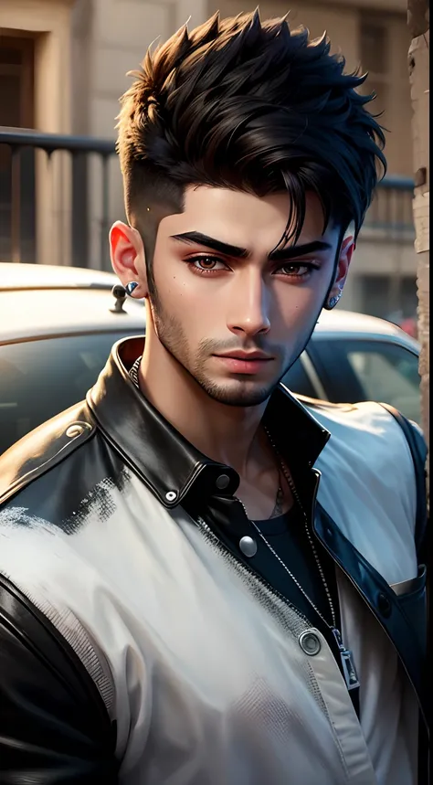 Zayn Malik, hyper realistic, masterpiece, full detailed, with a car