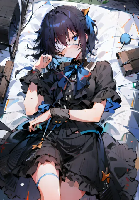 high res, masterpiece,Rikka Takanashi, black hair, solo, 1girl,outside,deatailed background, detailed eyes, ((blue eyes)), eyepatch