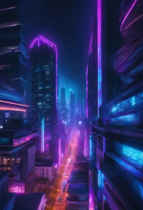 Cyberpunk Futurista, Cores Azul Neon, roxo e preto, A futuristic nighttime cityscape with skyscrapers and neon lights. "Cidy Br" escrito em uma fonte moderna e futurista em tons de neon azul ou roxo.