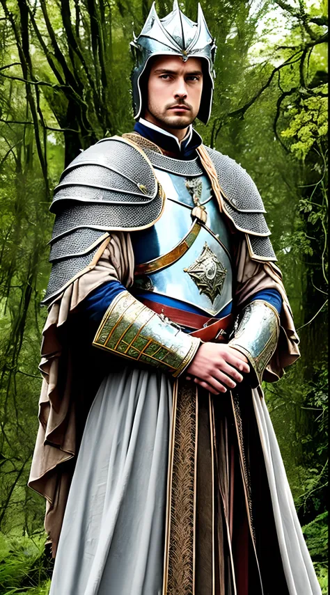 A scene where the wizard Merlin stands before the dark-haired Prince Konrad Westmonds, the prince is wearing silver armor --auto --s2