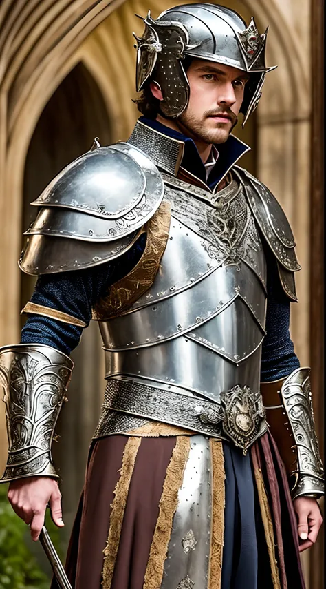 A scene where the wizard Merlin stands before the dark-haired Prince Konrad Westmonds, the prince is wearing silver armor --auto --s2