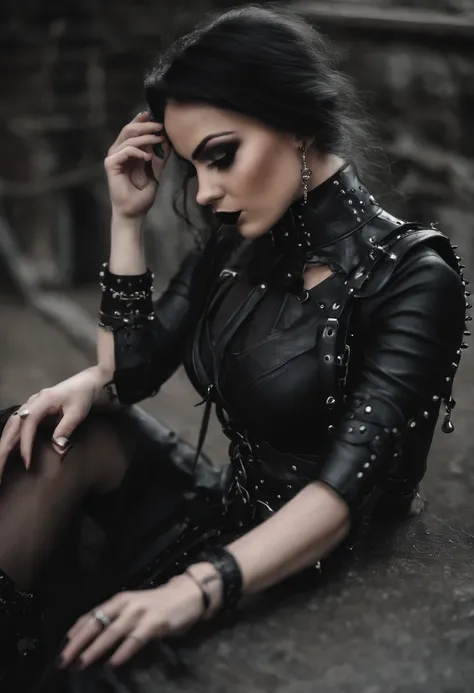 there is a woman wearing a black bralet and a black belt, garters, garter belt, harnesses and garters, gothic harts, wearing gothic accessories, wearing studded leather, goth aesthetic, choker, spiked wristbands, gothic aesthetic, spikes on the body, harne...