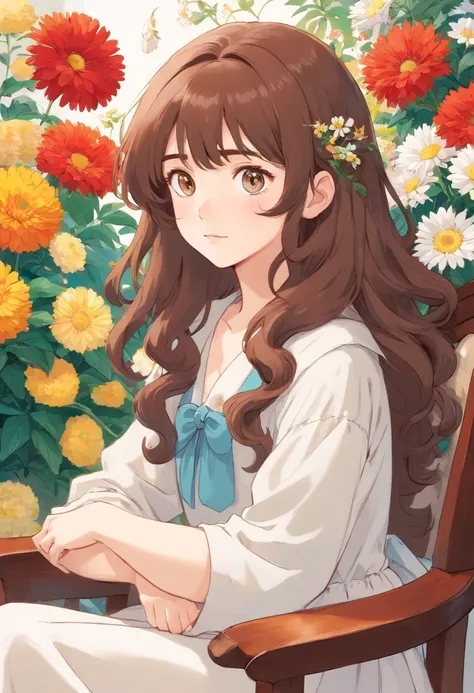 One girl, classical, long curly brown hair, beautiful eyes, high quality, white skin, sitting on a chair, surrounded by various flowers, low saturation, portrait, fine line drawing, fine detail, soft light –ar 5:7 –niji