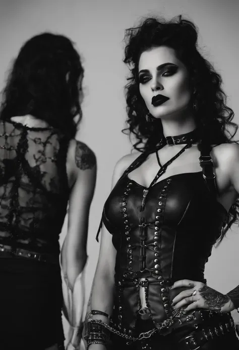 there is a woman wearing a black bralet and a black belt, garters, garter belt, harnesses and garters, gothic harts, wearing gothic accessories, wearing studded leather, goth aesthetic, choker, spiked wristbands, gothic aesthetic, spikes on the body, harne...