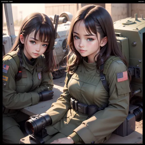 Film photo, detailed, bright
lighting, 1girl,  teen-age, pouting lips, photo realistic, front view,  military, military wear, tank, circle grasses, schoolyard, smiling, chihatan, battle suits,