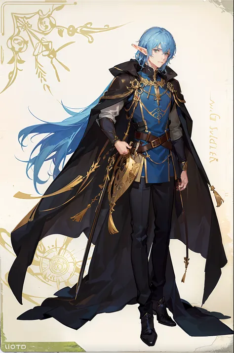 high detailed, full body, 1boy, blue eyes, medium length hair, curly hair, short elf ears, multiple stitched layer cloth armor, black clothes with gold ornate, young man holding staff in his hands, fantasy background