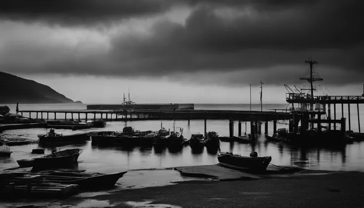 A small fishing port in Japan,Rough seas,Winter scene,Overcast clouds,Grayscale24-bit,feeling of despair