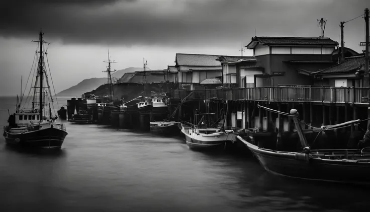 A small fishing port in Japan,Rough seas,Winter scene,Overcast clouds,Grayscale24-bit,feeling of despair