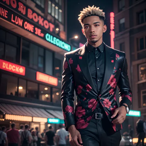 black male, 25-years old, wearing black and red floral jacket, wearing black dress shirt, wearing black dress pants, blue eyes, glowing eyes, short hair, seductive look, club environment, night, blue neon signs, 8k, Unreal engine, highly detailed, photorea...