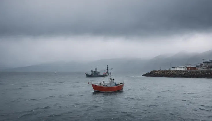 A small fishing port in Japan,Rough seas,Winter scene,Overcast clouds,feeling of despair