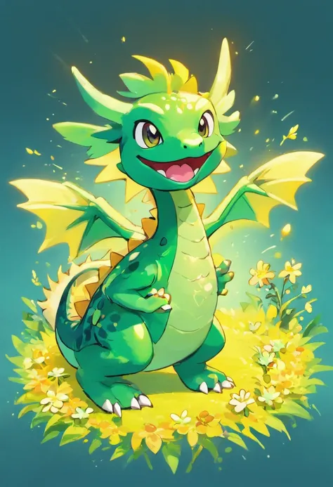 Cute green cartoon dragon with small flowers next to blue background， Keith Haring-style graffiti，Bold lines and solid colors，Watercolor texture style，Popmart blind box，claymaterial，Bright background，Award-Awarded，LED，arte 3D，depth of fields，pixar trend，hy...