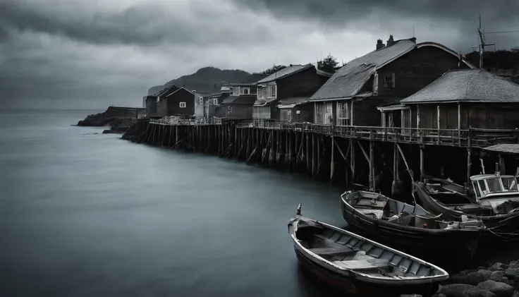 A small fishing port in Japan,Rough seas,Winter scene,Overcast clouds,Grayscale24-bit,feeling of despair