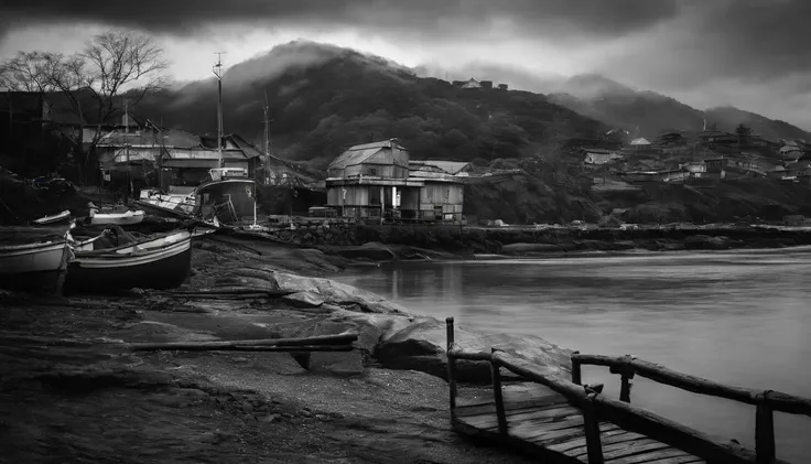 A small fishing port in Japan,Rough seas,Winter scene,Overcast clouds,Grayscale24-bit,feeling of despair