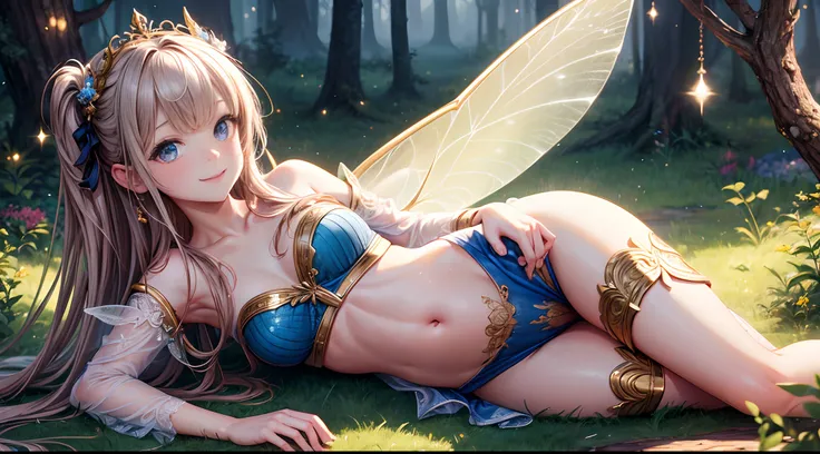 ( Absurd, High quality, ultra-detailed, masterpiece, concept art, smooth, highly detailed artwork, hyper-realistic painting ) , tiny little girl, cute, whole body, Romantic, Vivid, dreamy, fantasy, fairy wings, in the forest, enchanting glow, very detailed...