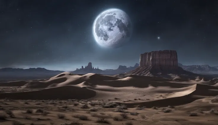 A desert,mid night,The moon and stars flutter