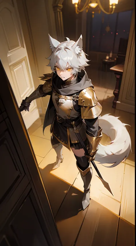 1boy,20,yellow eyes,solo,gray hair, templar golden knight outfit, gray long chainmail skirt, wolf ears, wolf tail, black long boots, serious face, masterpiece, HD, vibrant,night,room