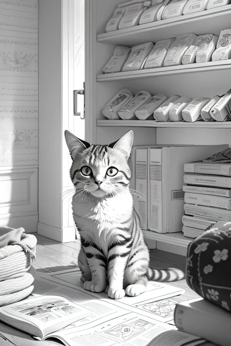 Create a prompt of a playful cat in a childrens room, coloring book page, artes de linhas simples e leves