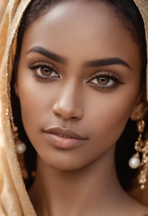 dark brown skin, beautiful face, afro hair, natural afro, long hair, african tribal theme, hijab, Somali features, gold jewelry, ((crystal clear hazel eyes:1.2)), detailed eyes, beautiful eyes, ((masterpiece, UHD, 8K)), Depth of field, sand dunes, focus on...