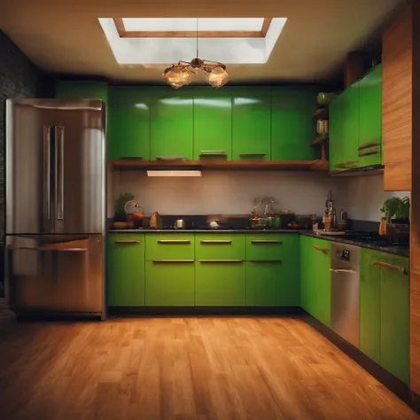 cocina americana, isla, refrigerador, armario, escena amplia, vista panoramica, desde fuera UHD, detalles altos