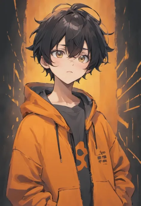 1 guy, black hair slightly curled, oversized orange hoodie, pale white skin, hot