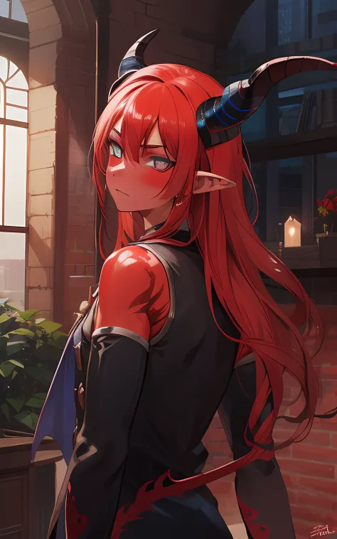 sehele style, anime style, (((tiefling))) warlock with (((crimson red skin))) and (((blue, smoldering eyes))). he (((horns curve...