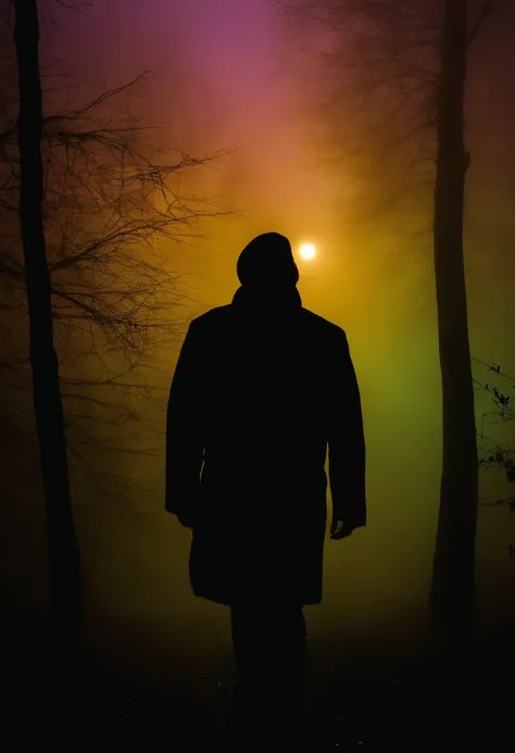 silhouette of a man with eyes in dense fog