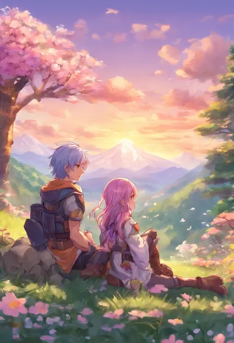 1girl, 1boy, (best quality, beruka, gauntlets), armor, purple scarf, black gloves, pants, boots, bandana on the head, sitting, in front, trees, mountain, beautiful scenery in the background, soft sunset, subtle reflections on the ground.