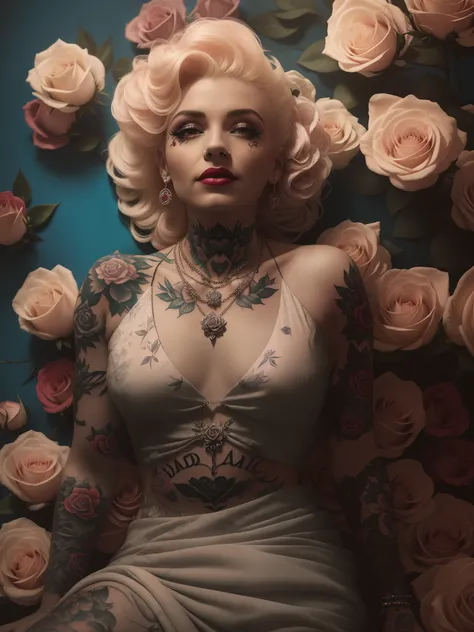 arafed woman with tattoos and a necklace sitting in a bed of roses, inspired by Elsa Bleda, body covered in floral tattoos, inked, tattooed pinup, 4 k glamour photography, portrait shot, with tattoos, laying on roses, tattooed, inspired by Hedi Xandt, tatt...