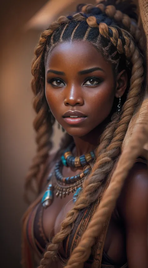 a cute hot african woman tribe himba in african plains, thick jumbo braids, brown skinned stunningly beautiful girl, brown light...