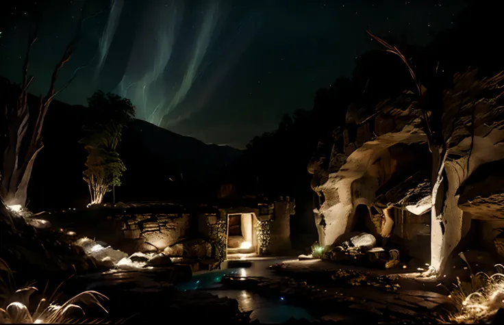 Projections of lights on stone cave walls with cloud of spectra