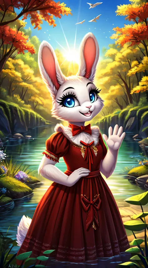 zoomed out image, fantasy style art, anthropomorphic little fluffy female white bunny with blue eyes, big eyelashes, wearing a red frilly ribbon dress, waving one hand and smiling in a forest near a creek, big smile, wide eyes, stunning visuals, sunny day,...