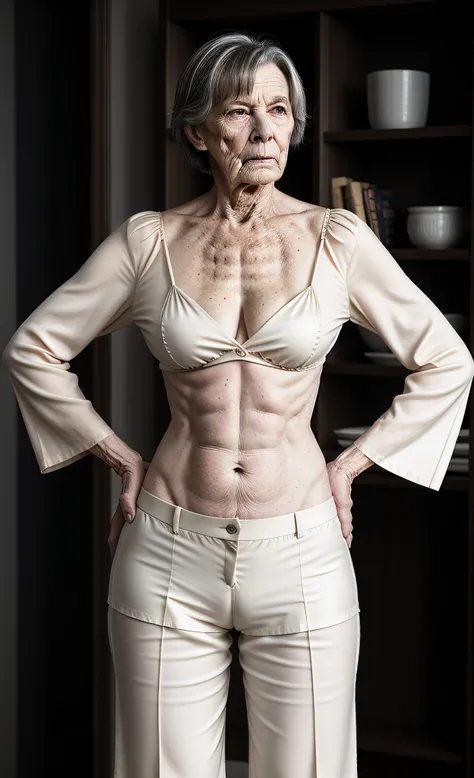 cheeky severe aged elderly older mature intimidating arrogant nerd confident punisher slapper master mistress proudly braless wears unbuttoned cream fitted stretch silk overly brazenly skimpy midriff-shirt with deep unglued V-neck pinned by one only ivory ...