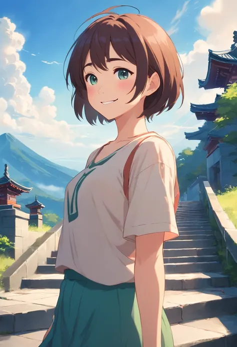 ganyudef, upper body, smile, blush, outdoors, day, simple background, blue sky, short hair, sky, temple, looking at viewer, stairs, mountain, moody lighting,