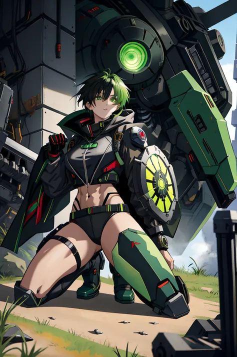 Anime girl sitting on the ground，Black cape and green hair, rogue anime girl, the anime girl is crouching, Wearing a cloak on the blasted plain, asuka suit under clothes!, holy cyborg necromancer girl, badass posture, mechanic punk outfit, anime styled 3d,...