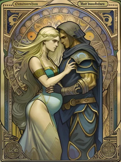 (flat heart:1.1),(Colouring:1.3),(master part:1.2), melhor qualidade, master part, Original, 1 very detailed wallpaper of a young warrior with blonde hair cuddled with a pregnant black-haired woman dark and gloomy background，fundo obscuro，tarot card layout...