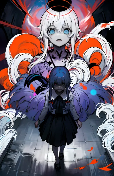 (obra maestra, La mejor calidad)(( Mirai Nikki))Gasai Yuno,gritando,((llorando)) asustada,Closeup, fondo, colores vibrantes, highest qualityr, Detalles asombrosos, Arte lineal,, llorando asustada y triste,De color azul, negro, rojo, oscuro, Cosmic Terror, ...