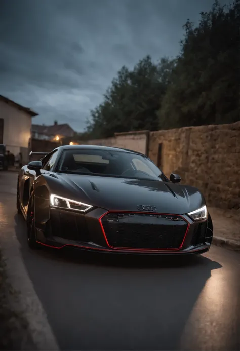 Detailed raw HD photo medium-distance photo of a (full carbon Audi R8 Racecar) with a big spoiler, race decals, parked inside a garage (darkly lit, dimly lit, discreet) grunge, menacing urban environment, metal tubes, concreating, decay, micro-details, hyp...