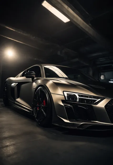 Detailed raw HD photo medium-distance photo of a (full carbon Audi R8 Racecar) with a big spoiler, race decals, racing inside a garage (darkly lit, dimly lit, discreet) grunge, menacing urban environment, metal tubes, concreating, decay, micro-details, hyp...