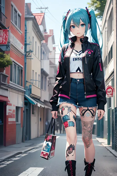 goth_punk, 1girl in, 独奏,、top-quality, Photorealistic, An ultra-fine illustrations, beautiful attractive anime girl, miku hatsune, Slender body, Tied hair, one girls, a photo of girl, Full body shot, Beautiful blue eyes, Turned,